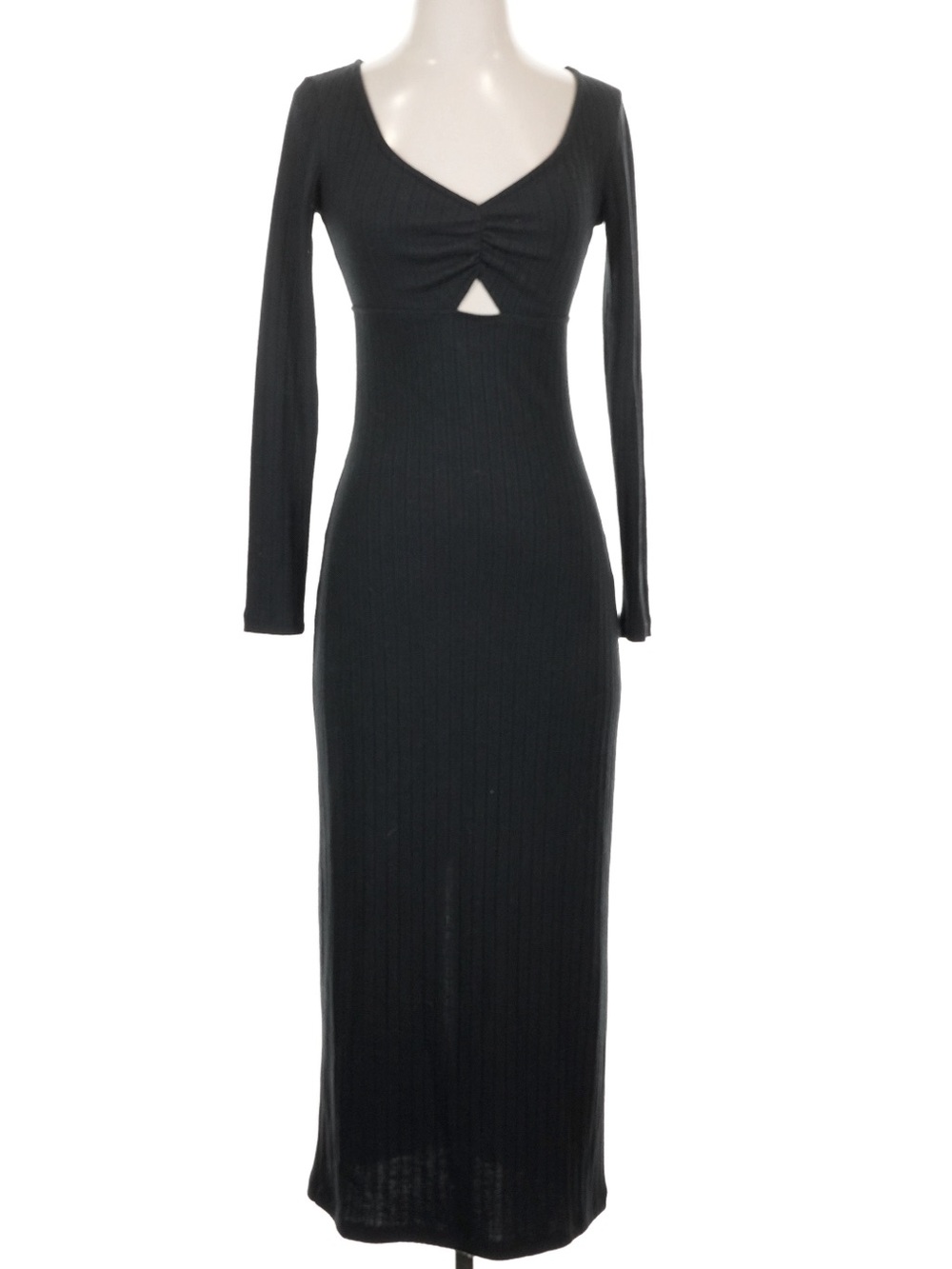 Z Supply Black Ribbed Long Sleeve Maxi Dress with Front Keyhole